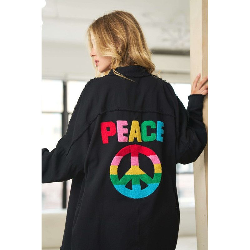 Multi Color Lettering Peace Symbol Button Up Shirt