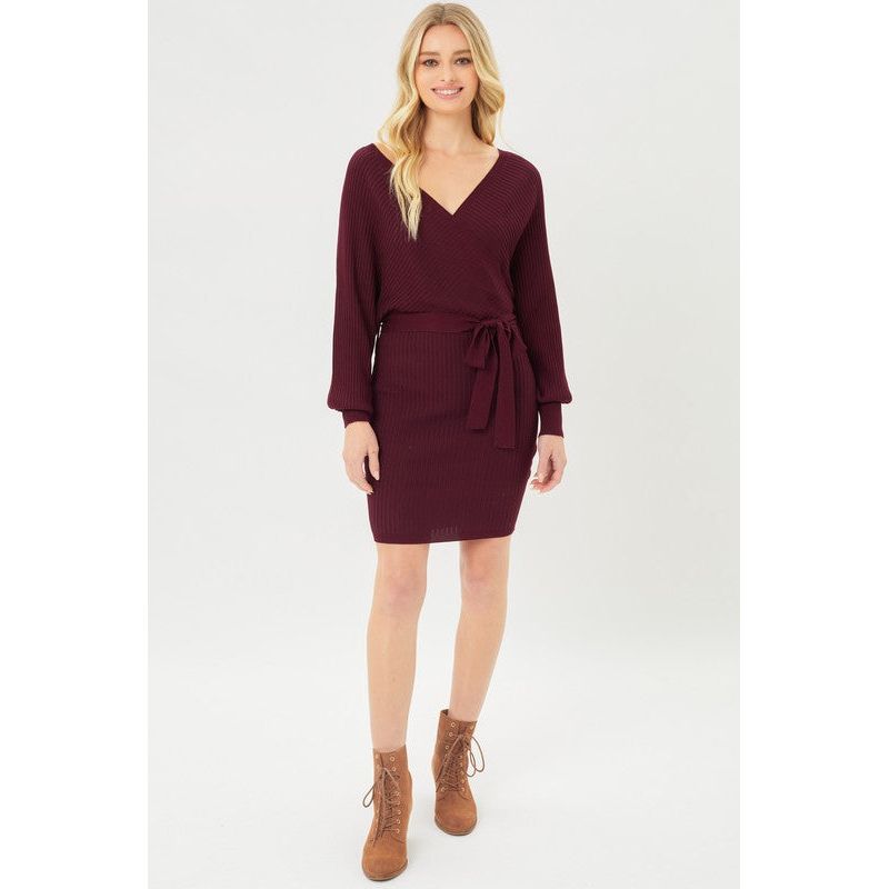 Off Shoulder Wrap Belted Ribbed Knit Dress