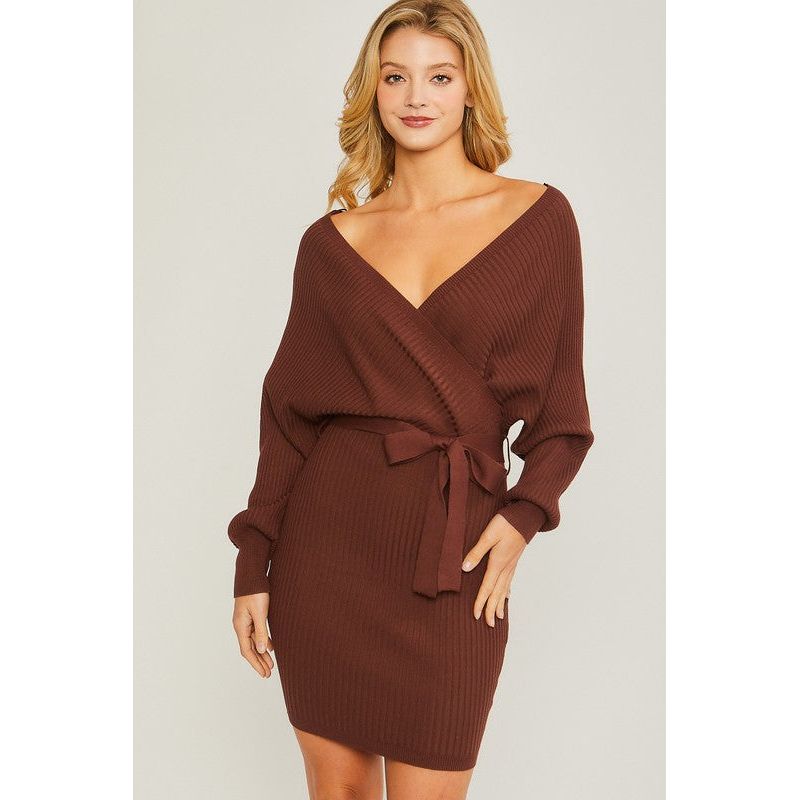 Off Shoulder Wrap Belted Ribbed Knit Dress