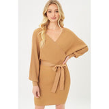 Off Shoulder Wrap Belted Ribbed Knit Dress