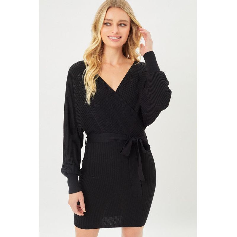 Off Shoulder Wrap Belted Ribbed Knit Dress