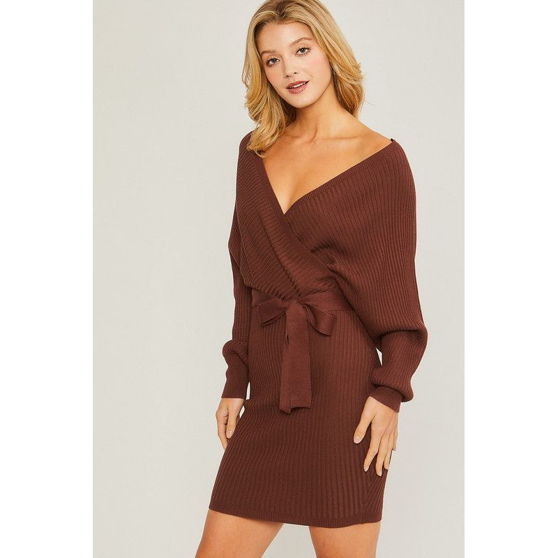 Off Shoulder Wrap Belted Ribbed Knit Dress