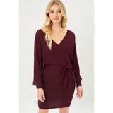 Off Shoulder Wrap Belted Ribbed Knit Dress