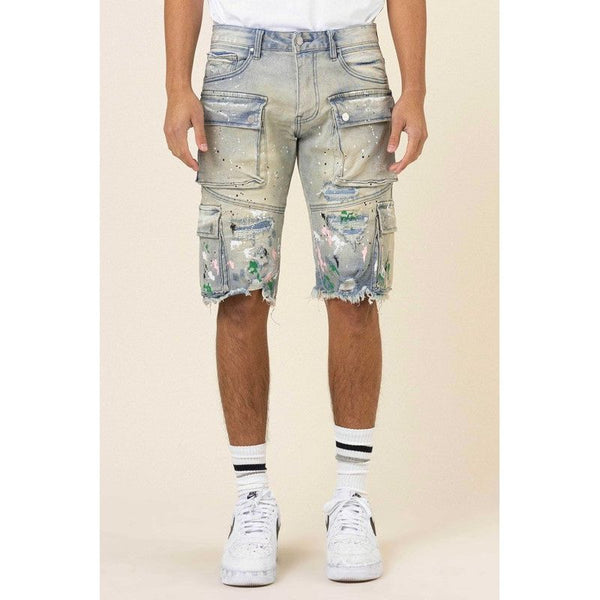 Hand Painted Multi Cargo Denim Shorts