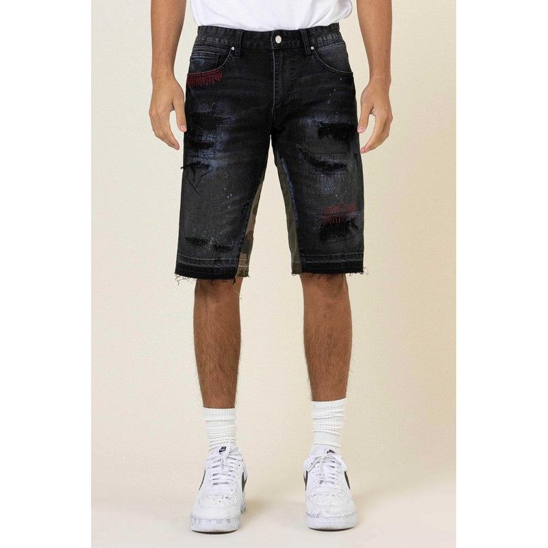 Multi Camo Paneled Released Hem Denim Shorts