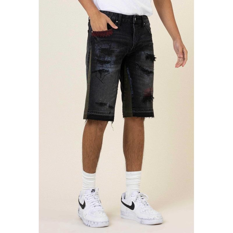 Multi Camo Paneled Released Hem Denim Shorts