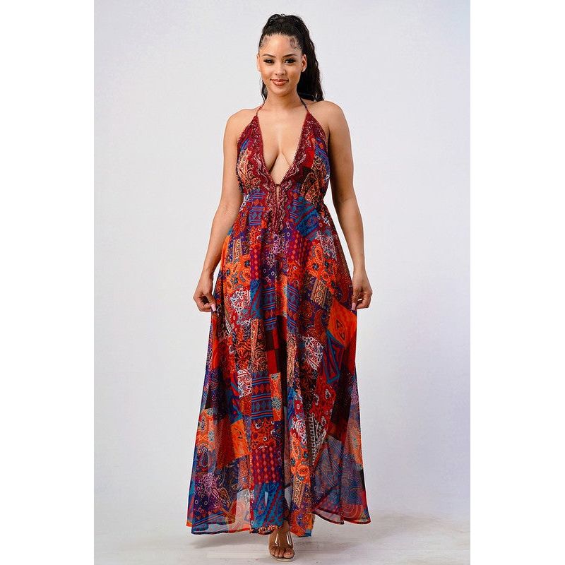 Bohemian print sequin lace trim maxi dress