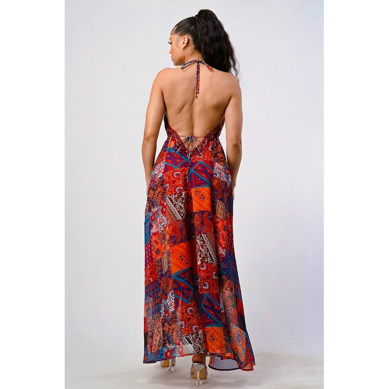 Bohemian print sequin lace trim maxi dress