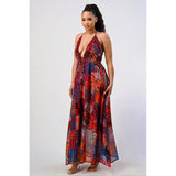 Bohemian print sequin lace trim maxi dress