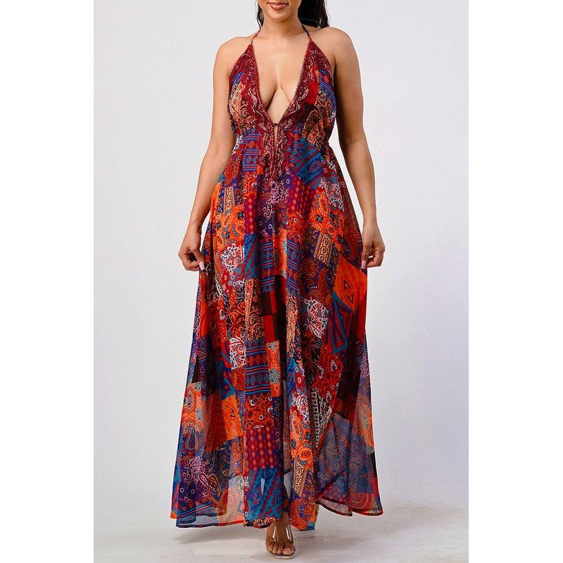 Bohemian print sequin lace trim maxi dress