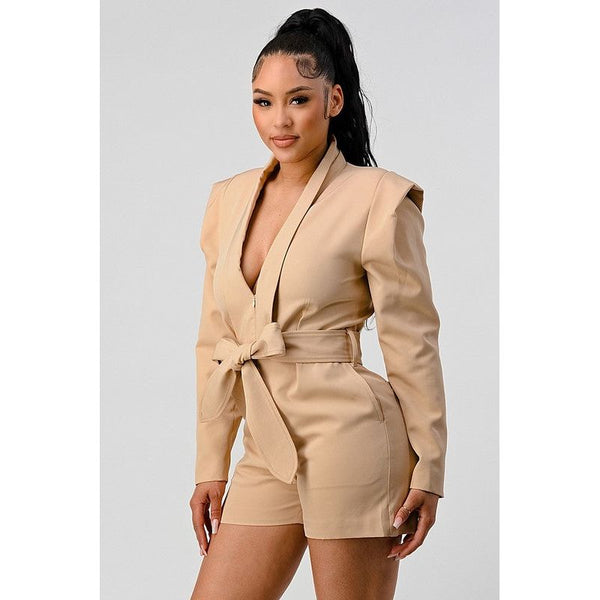 Business casual blazer romper with belt