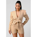 Business casual blazer romper with belt