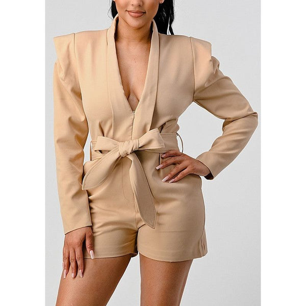 Business casual blazer romper with belt