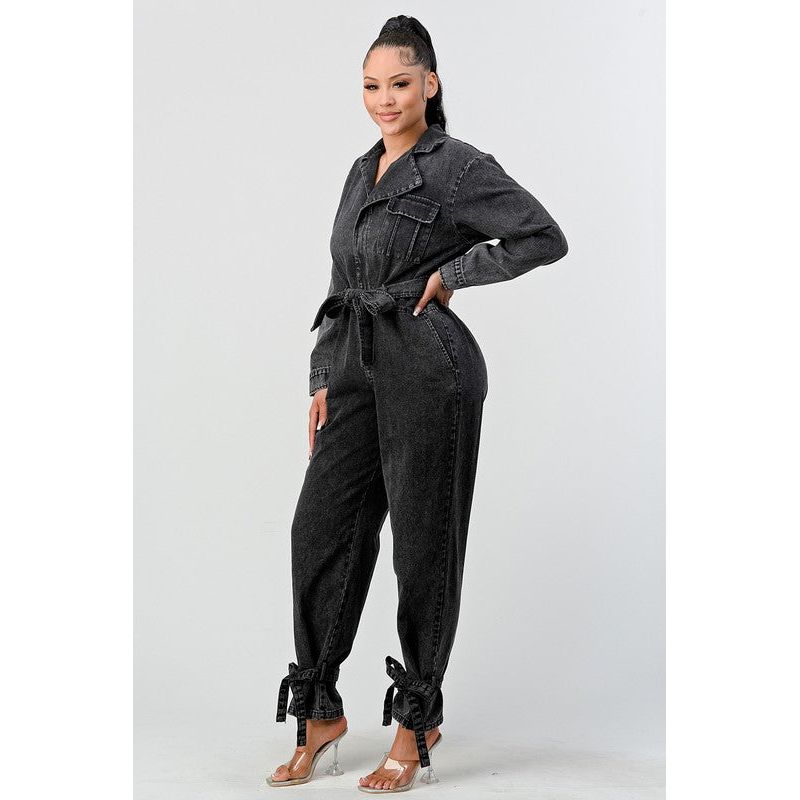 ATHINA BLACK WASHED DENIM TIE DETAIL JUMPSUIT