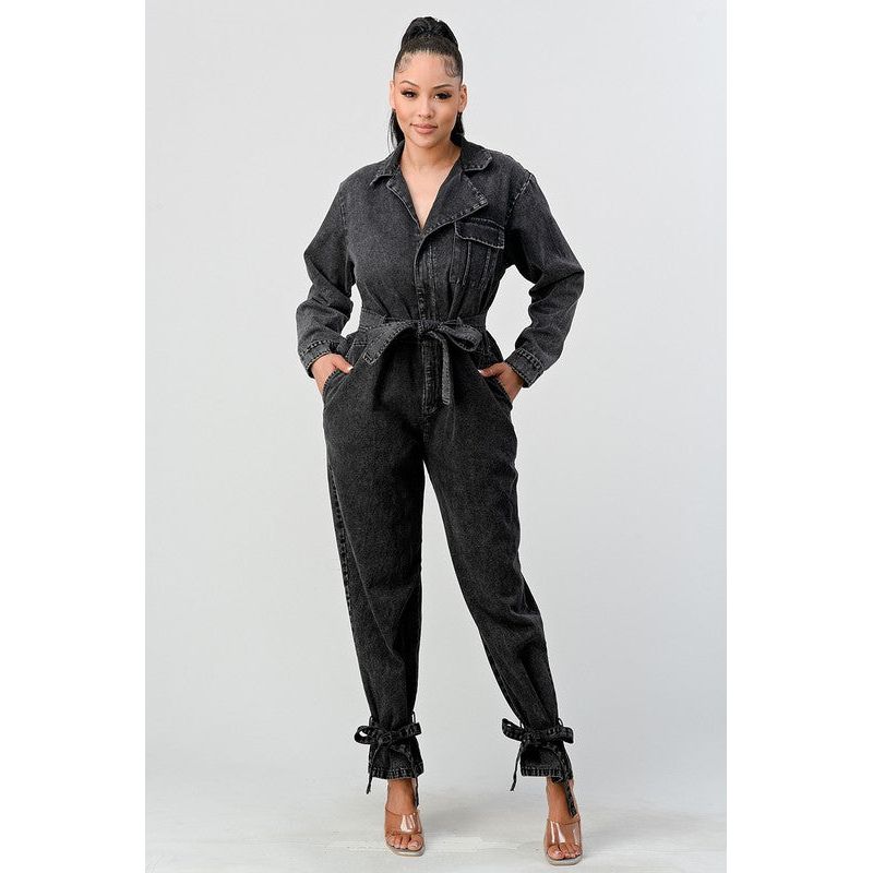 ATHINA BLACK WASHED DENIM TIE DETAIL JUMPSUIT