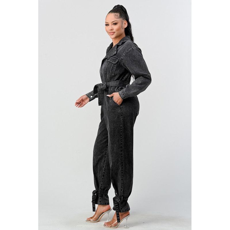 ATHINA BLACK WASHED DENIM TIE DETAIL JUMPSUIT