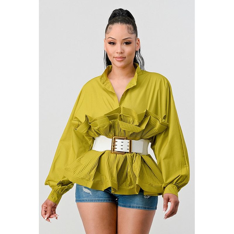 PLEATED RUFFLE WASIT BELT LONG  BLOUSE