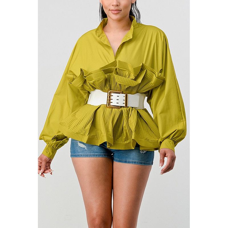 PLEATED RUFFLE WASIT BELT LONG  BLOUSE