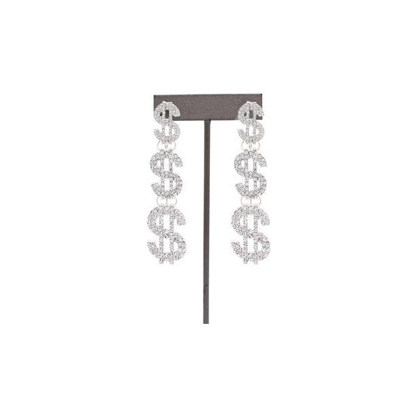 RHINESTONE MONEY SIGN DROP EARRINGS