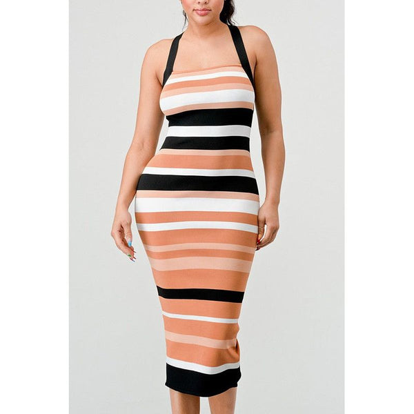 STRIPED BANDAGE MIDI DRESS