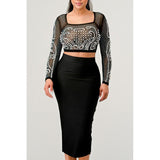 Sexy Mesh Beaded Two Piece Midi Skirt Set