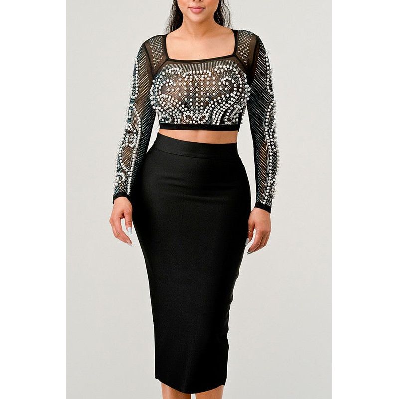 Sexy Mesh Beaded Two Piece Midi Skirt Set