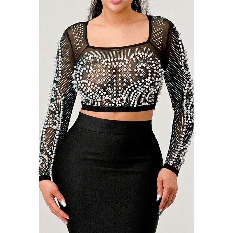 Sexy Mesh Beaded Two Piece Midi Skirt Set