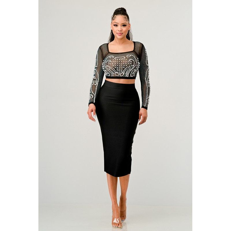 Sexy Mesh Beaded Two Piece Midi Skirt Set