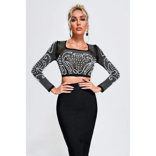 Sexy Mesh Beaded Two Piece Midi Skirt Set