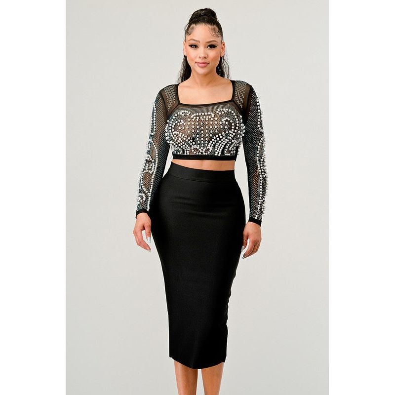 Sexy Mesh Beaded Two Piece Midi Skirt Set