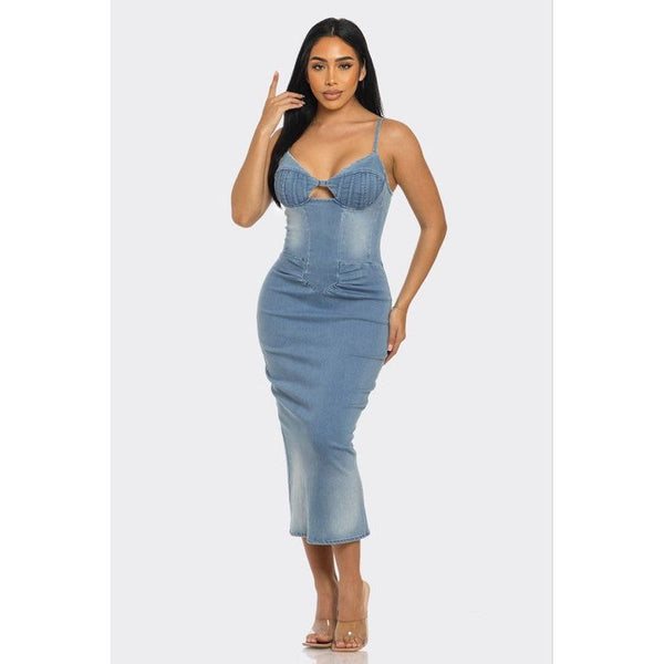 ATHINA CASUAL LIGHT WASHED DENIM MIDI DRESS