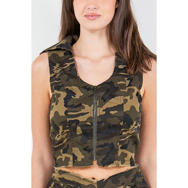 American Bazi Zip Up Camo Crop Denim Vest