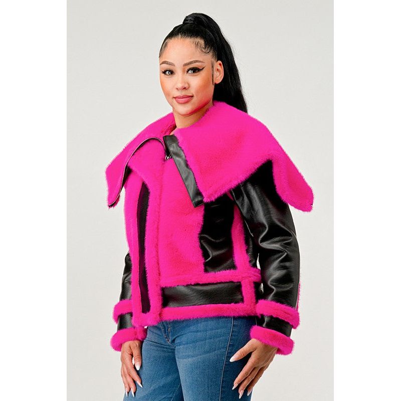 Statement pink Faux Fur Aviator Jacket