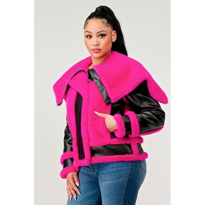 Statement pink Faux Fur Aviator Jacket