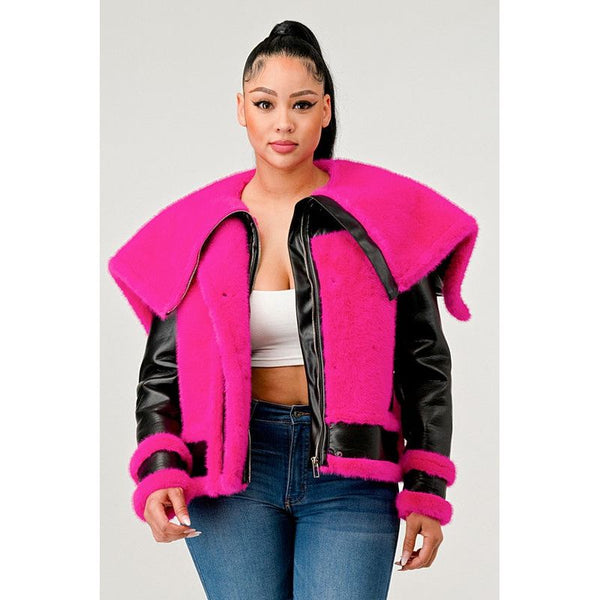 Statement pink Faux Fur Aviator Jacket