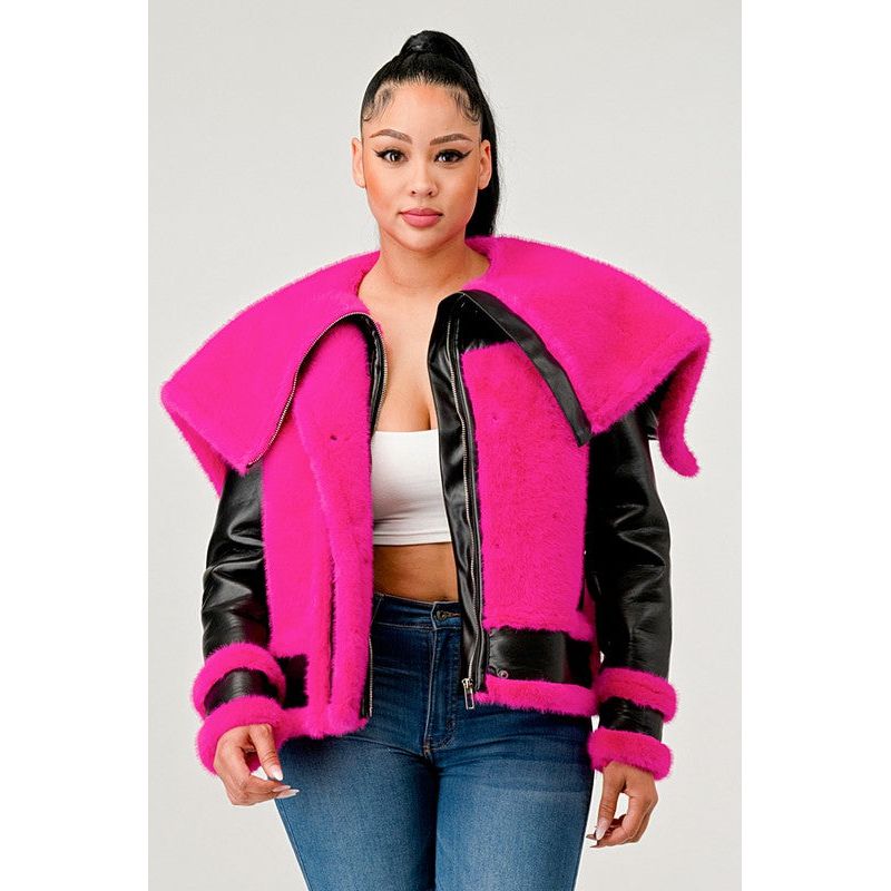 Statement pink Faux Fur Aviator Jacket