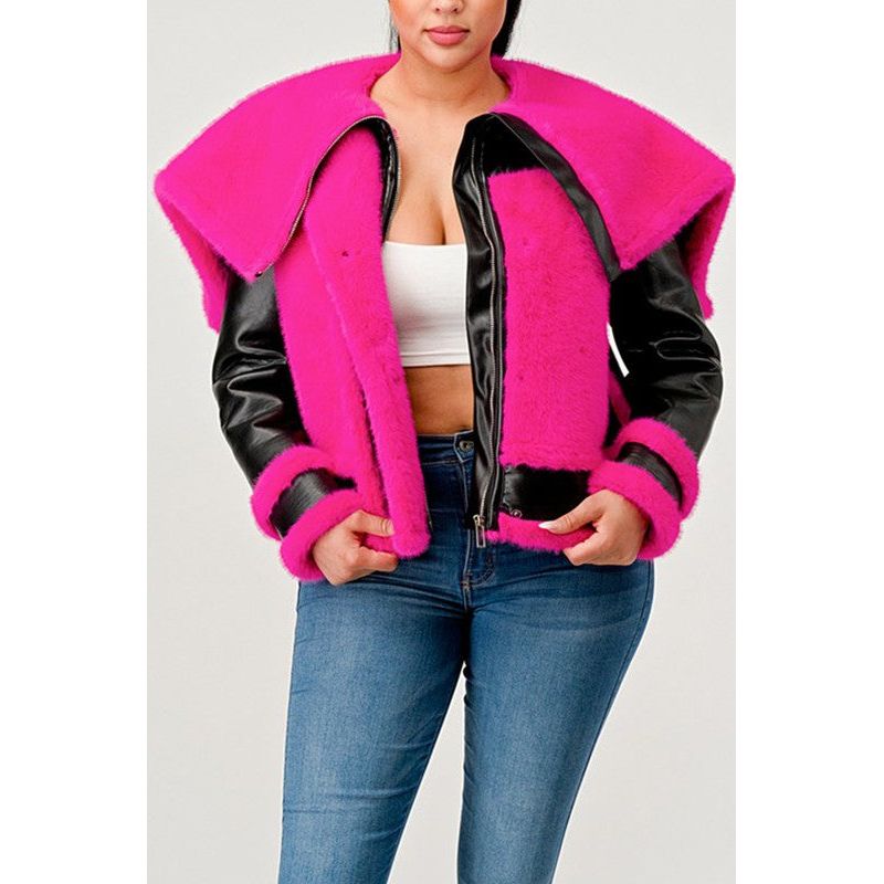 Statement pink Faux Fur Aviator Jacket