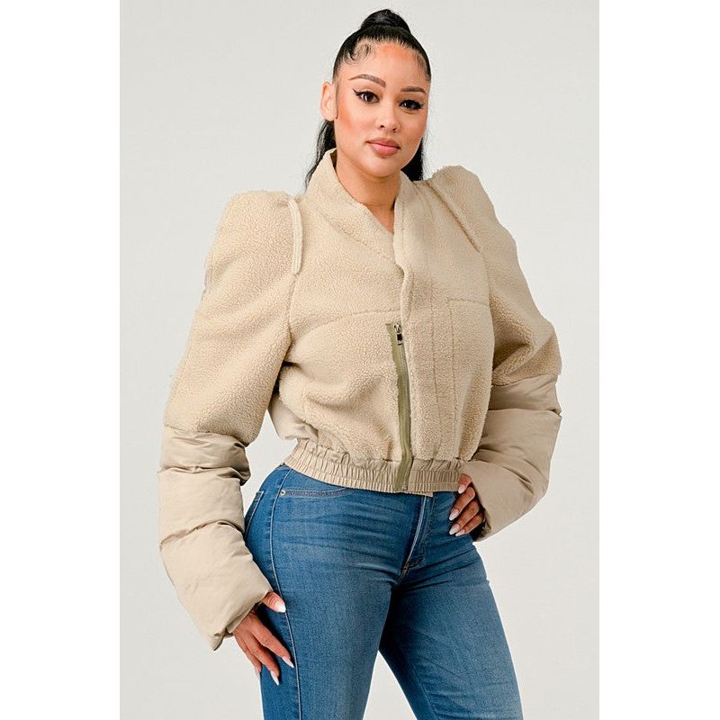 Plush Puff Sleeve Bomber Jacket