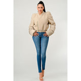 Plush Puff Sleeve Bomber Jacket