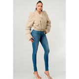 Plush Puff Sleeve Bomber Jacket