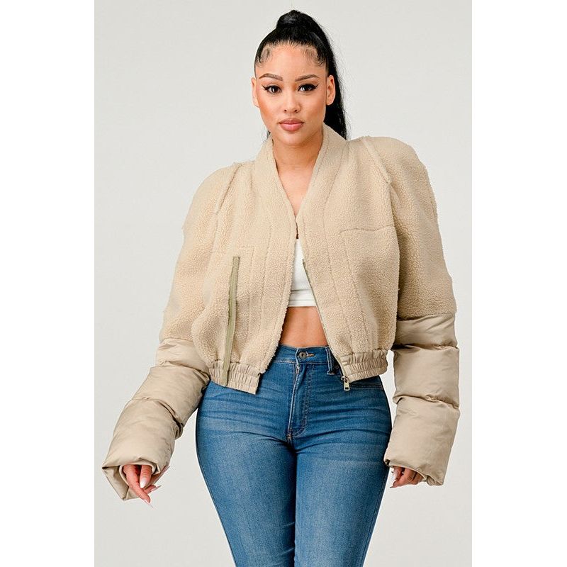 Plush Puff Sleeve Bomber Jacket