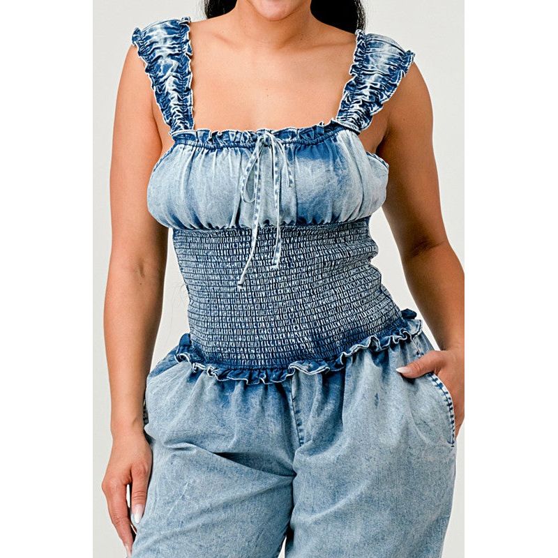 Chambray Charm Ruffled Jumpsuit