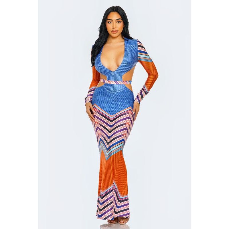 Geometric Print Plunge Neckline Maxi Dress