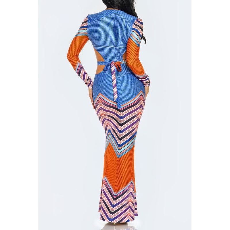 Geometric Print Plunge Neckline Maxi Dress