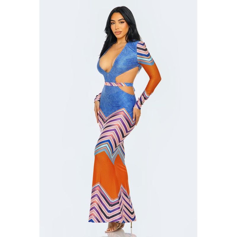 Geometric Print Plunge Neckline Maxi Dress