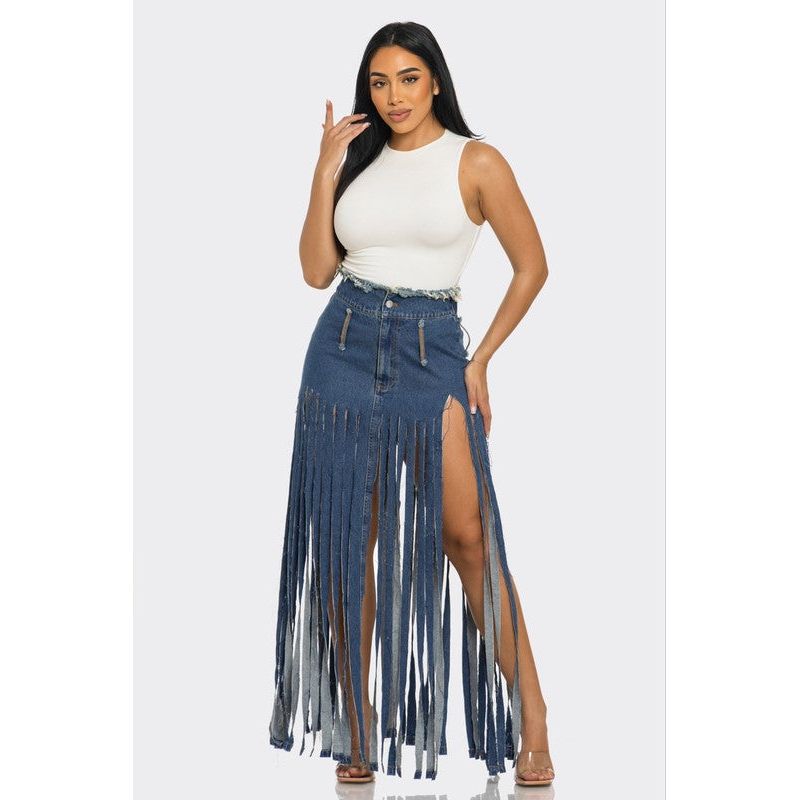 Bohemian Rhapsody Fringe Denim Skirt