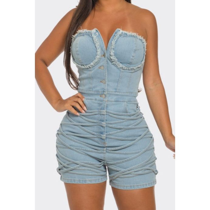 Frayed Edge Denim Corset Romper