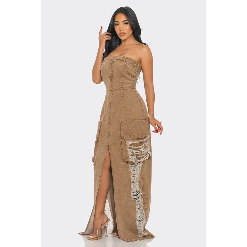 Vintage Washed Distressed Cargo Maxi Dress