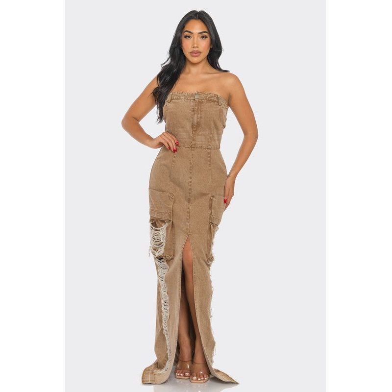 Vintage Washed Distressed Cargo Maxi Dress