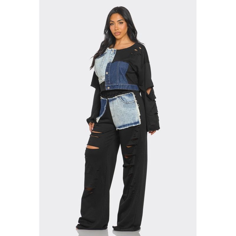 Distressed Denim Patchwork Set